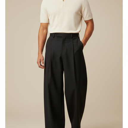 Pantalon À Pince Noir Large - Gabardine