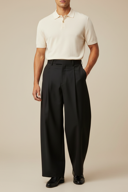 Pantalon À Pince Noir Large - Gabardine