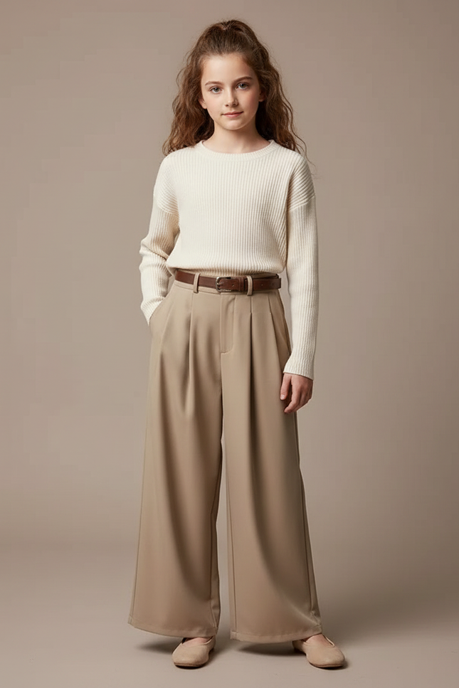 Pantalon À Pince Beige Ample Plissé Élégant Fille - Polyester