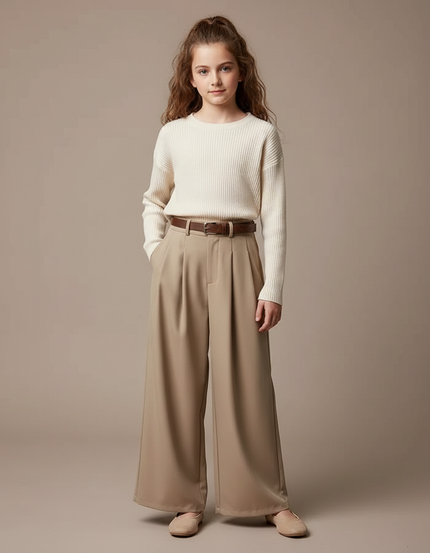 Pantalon À Pince Beige Ample Plissé Élégant Fille - Polyester