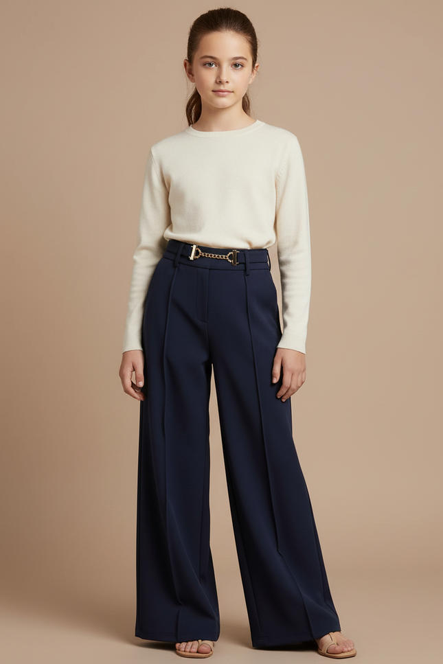 Pantalon À Pince Bleu Marine Fluide Élégant Ceinture Métallique - Polyester