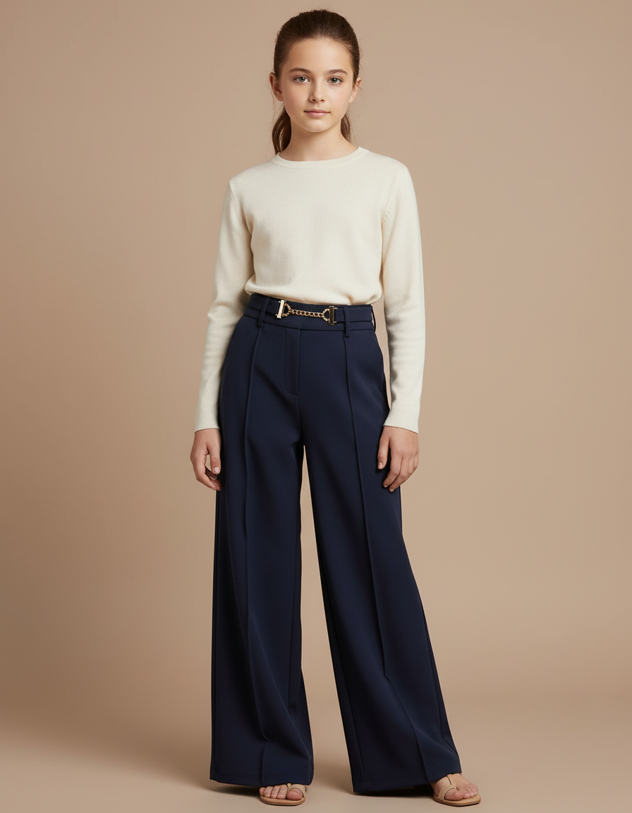 Pantalon À Pince Bleu Marine Fluide Élégant Ceinture Métallique - Polyester
