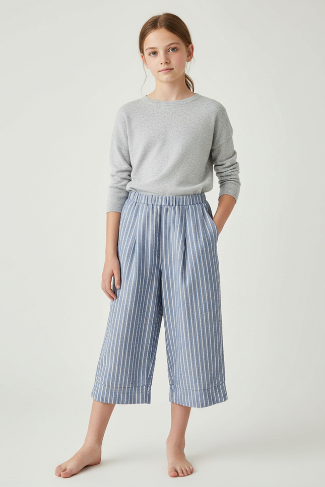 Pantalon À Pince Rayé Bleu Coton Fluide Court
