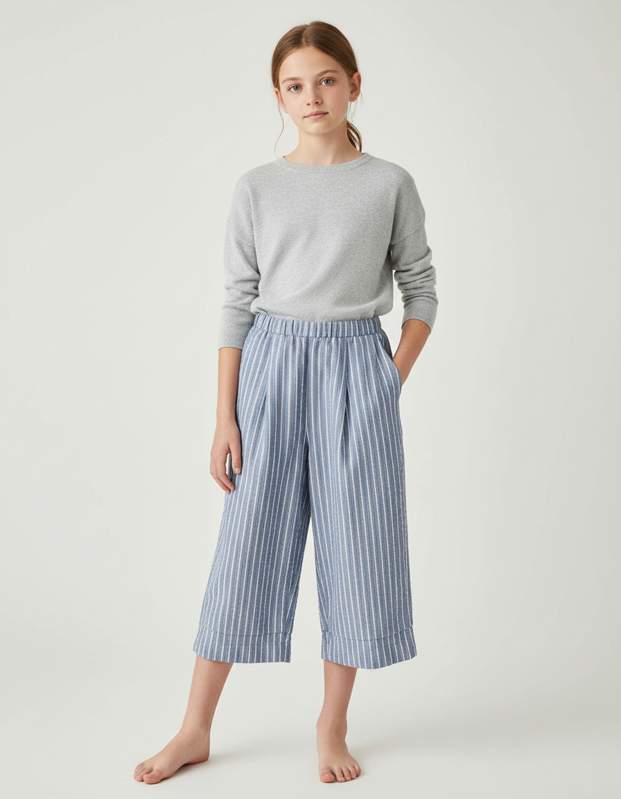 Pantalon À Pince Rayé Bleu Coton Fluide Court