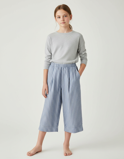 Pantalon À Pince Rayé Bleu Coton Fluide Court