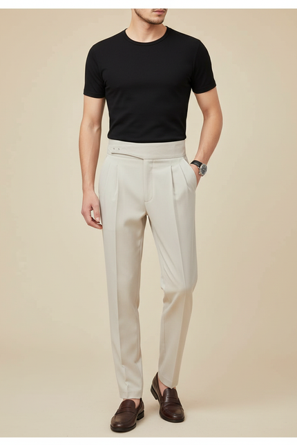 Pantalon À Pince Beige Plissé Taille Haute Homme Élégant - Gabardine