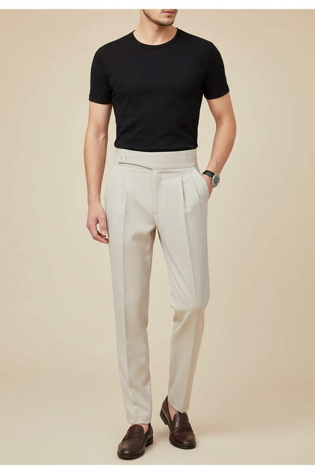 Pantalon À Pince Beige Plissé Taille Haute Homme Élégant - Gabardine