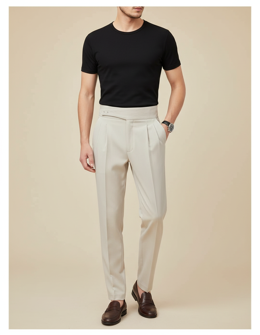 Pantalon À Pince Beige Plissé Taille Haute Homme Élégant - Gabardine
