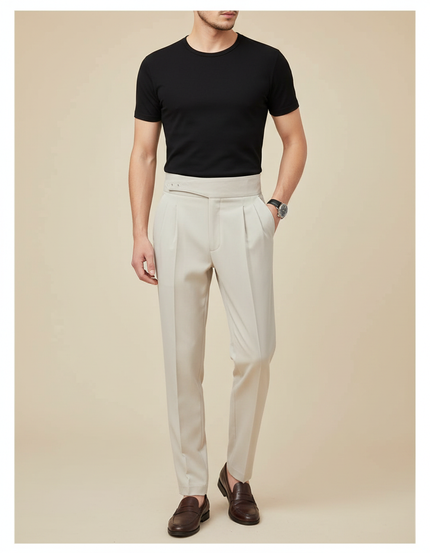 Pantalon À Pince Beige Plissé Taille Haute Homme Élégant - Gabardine