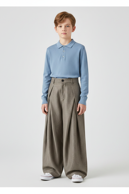 Pantalon À Pince Gris Plissé Ample Drape Enfant - Tweed