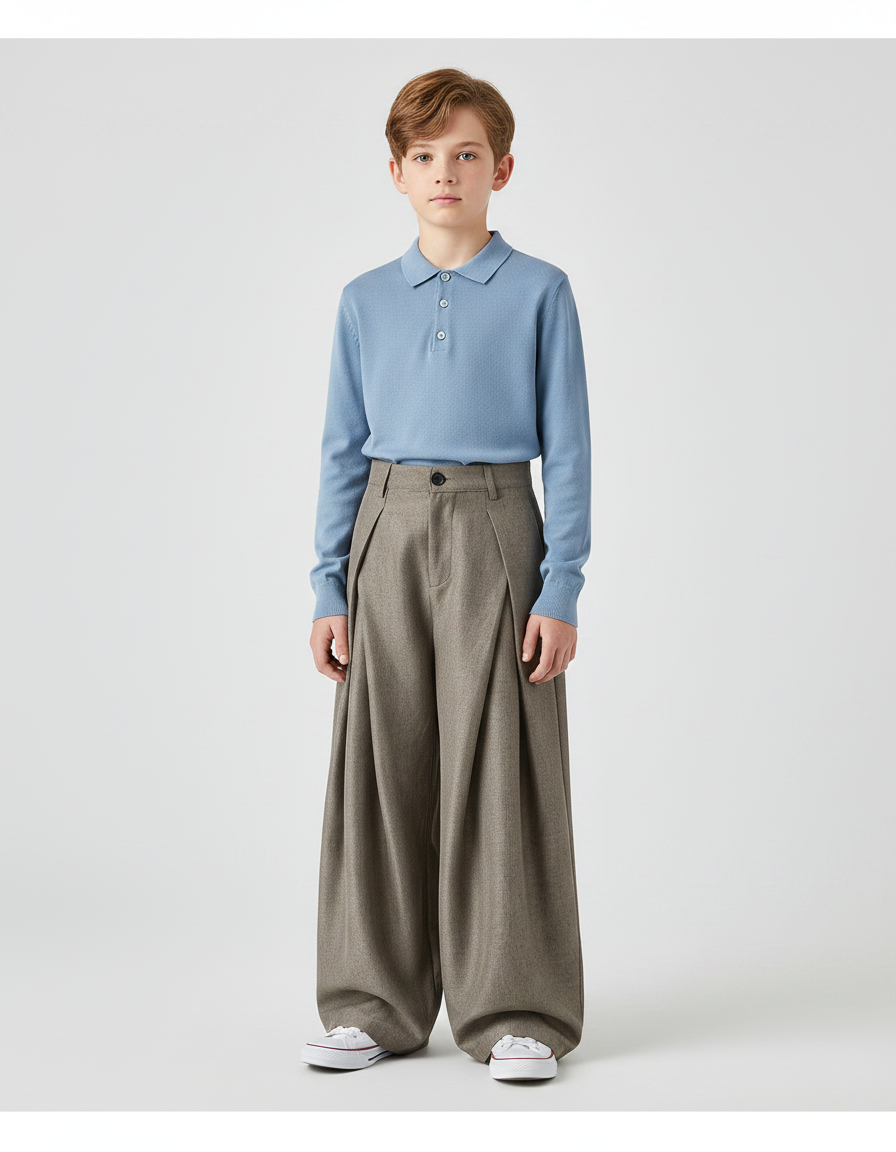 Pantalon À Pince Gris Plissé Ample Drape Enfant - Tweed