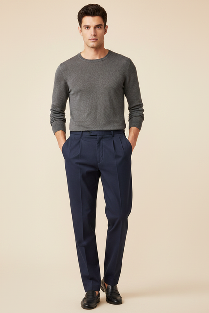 Pantalon À Pince Bleu Marine Plissé Élégant Droit - Gabardine