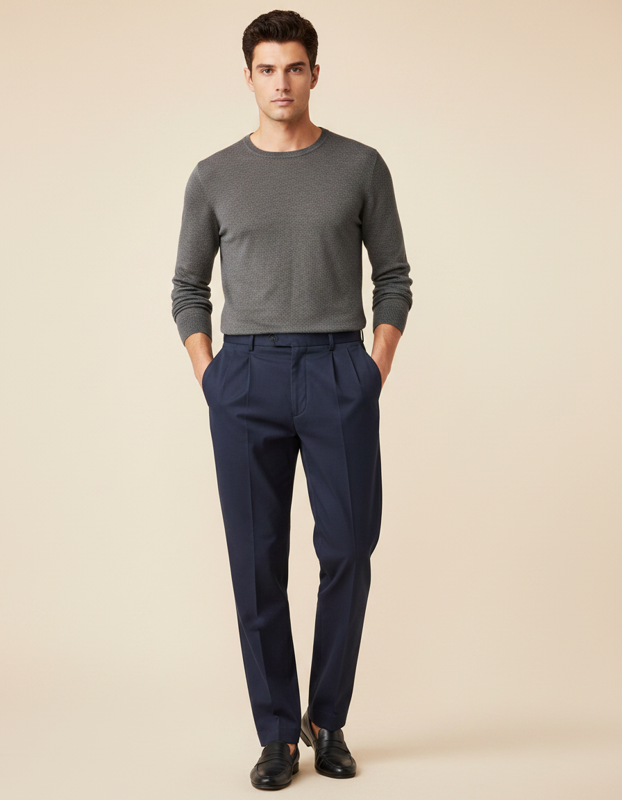 Pantalon À Pince Bleu Marine Plissé Élégant Droit - Gabardine