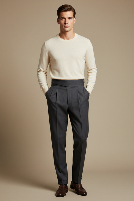 Pantalon À Pince Gris Anthracite Plissé Laine Homme Élégant