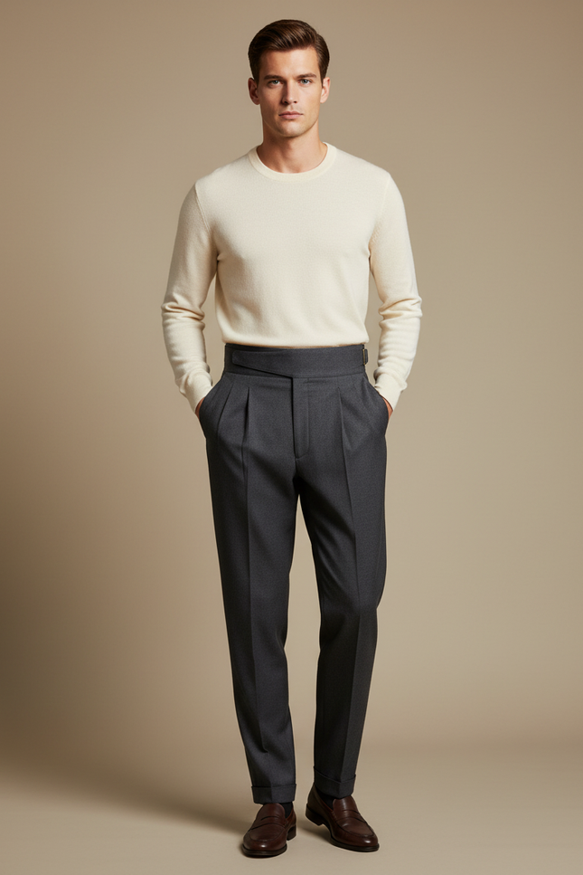 Pantalon À Pince Gris Anthracite Plissé Laine Homme Élégant