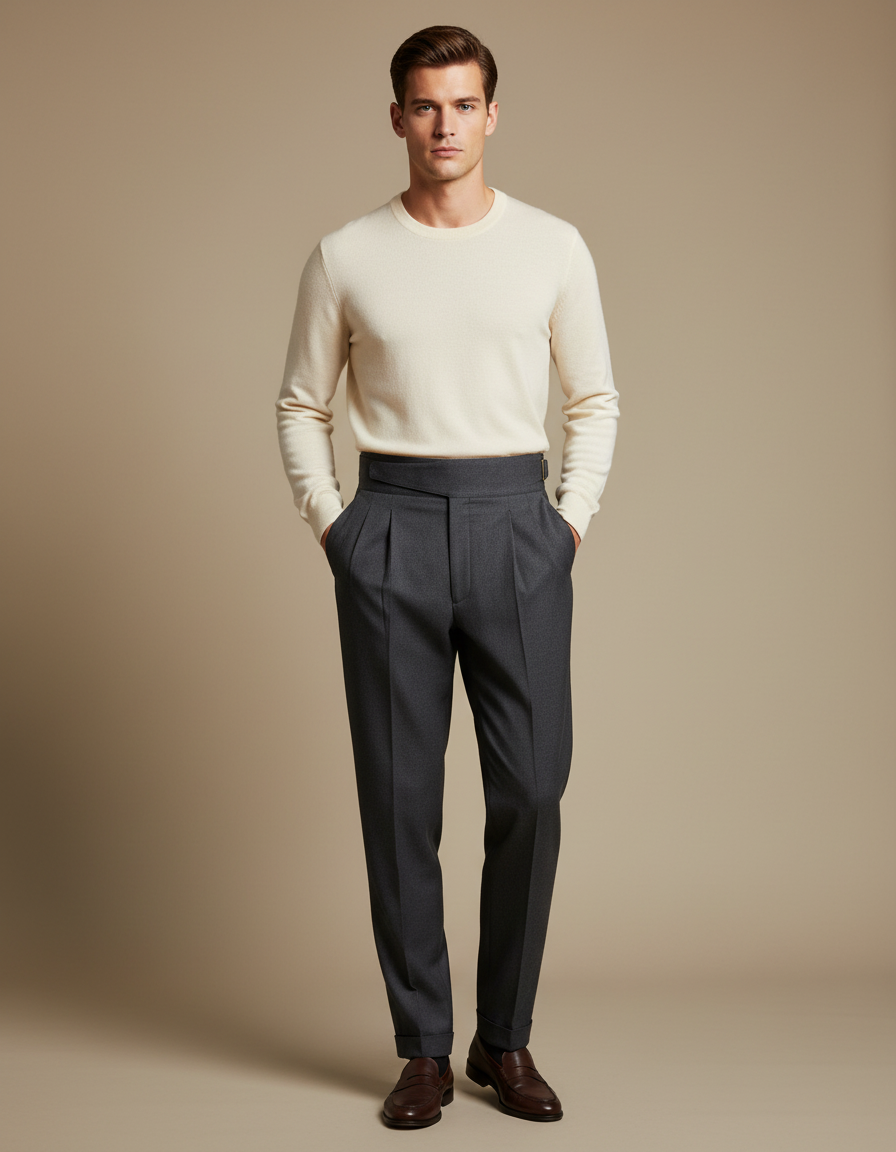 Pantalon À Pince Gris Anthracite Plissé Laine Homme Élégant