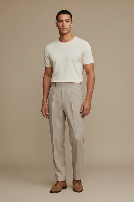 Pantalon À Pince Beige Plissé Rayé Taille Haute Homme - Laine
