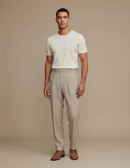 Pantalon À Pince Beige Plissé Rayé Taille Haute Homme - Laine