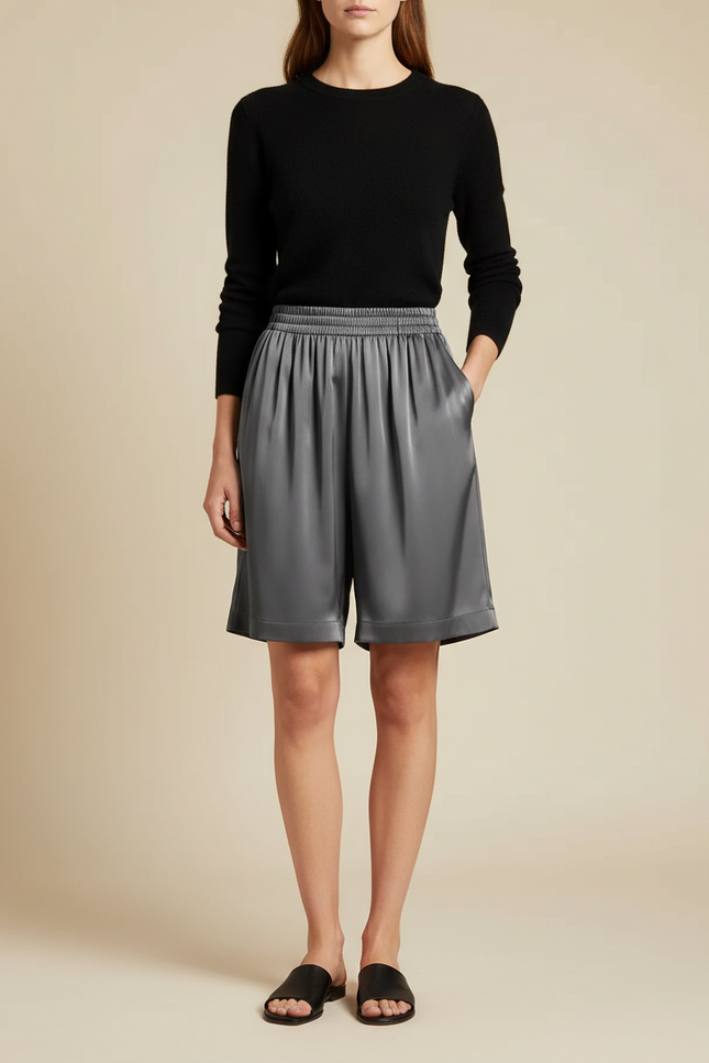 Pantalon À Pince Gris Satiné Ample Fluide Élégant