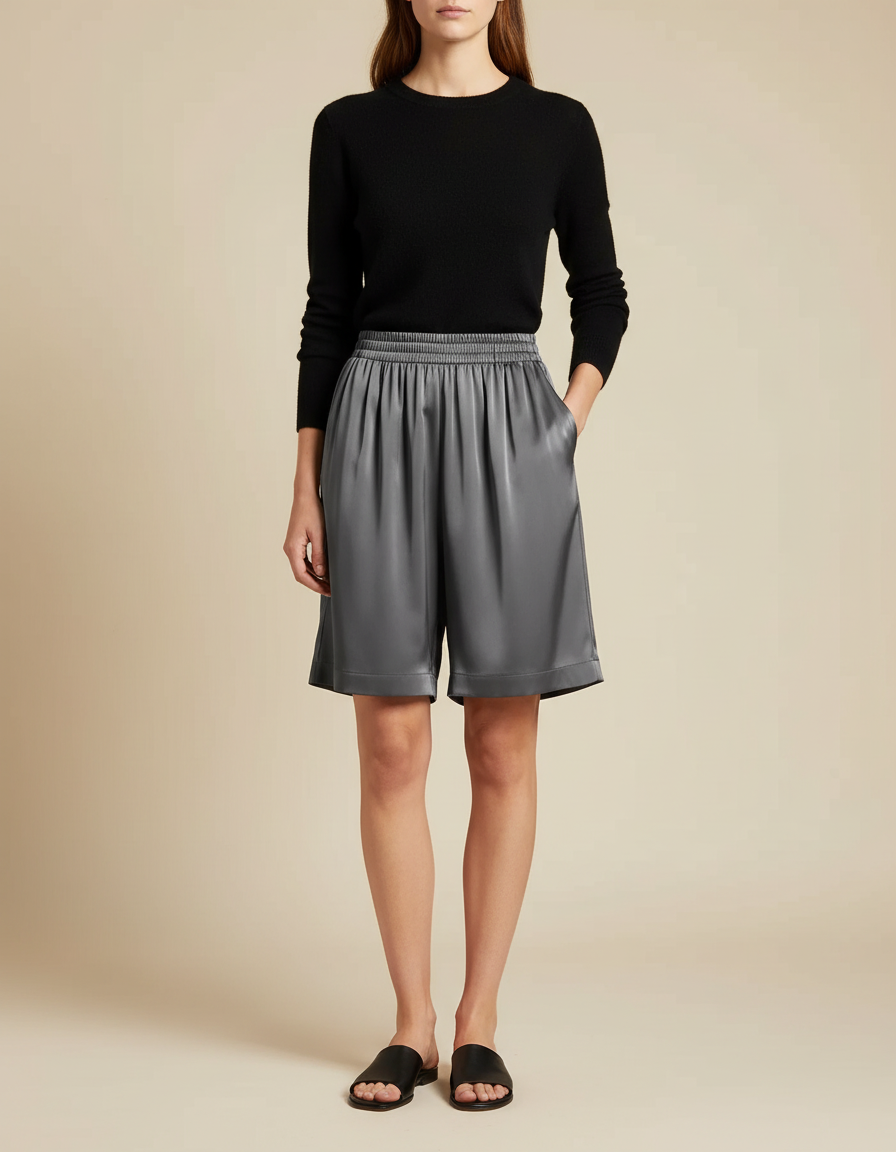 Pantalon À Pince Gris Satiné Ample Fluide Élégant