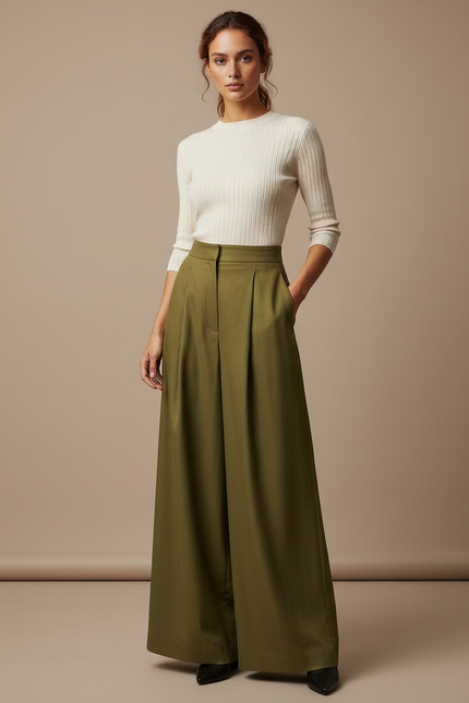 Pantalon À Pince Kaki Ample Fluide Élégant Femme - Gabardine