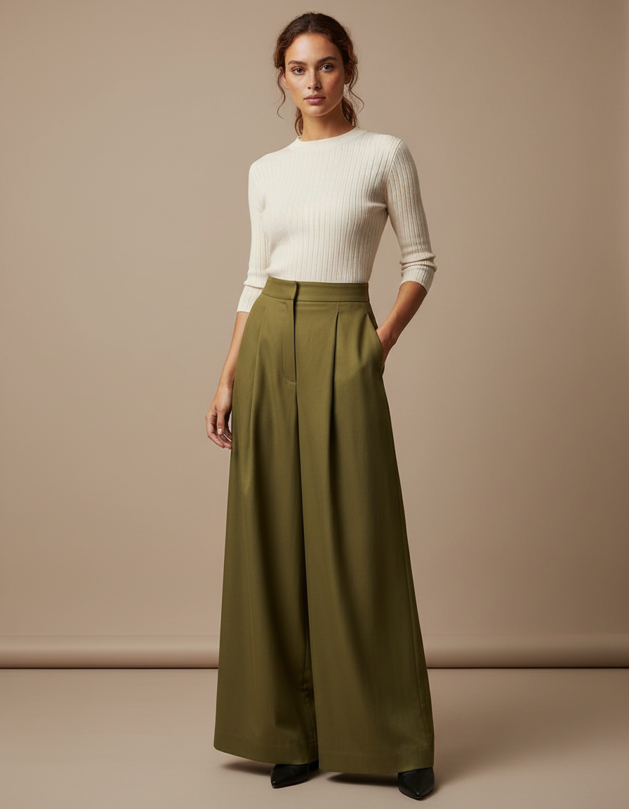 Pantalon À Pince Kaki Ample Fluide Élégant Femme - Gabardine
