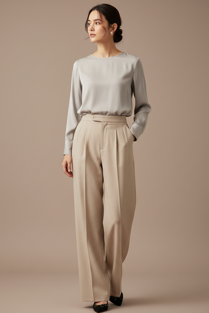 Pantalon À Pince Beige Ample Plissé Élégant Femme - Laine