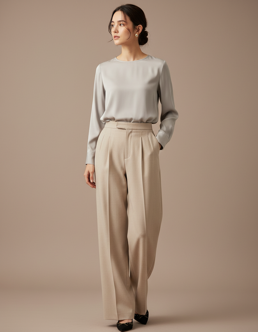 Pantalon À Pince Beige Ample Plissé Élégant Femme - Laine