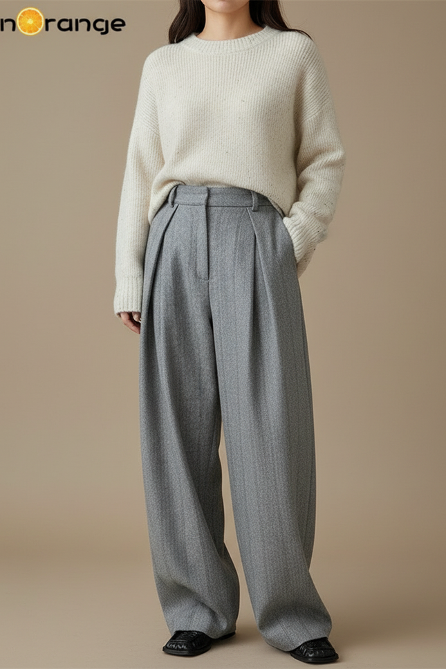 Pantalon À Pince Gris Laine Plissé Large Rétro