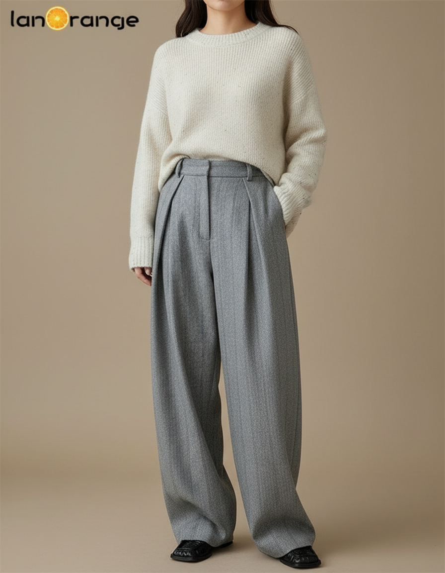 Pantalon À Pince Gris Laine Plissé Large Rétro