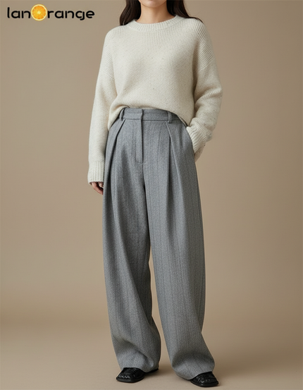 Pantalon À Pince Gris Laine Plissé Large Rétro