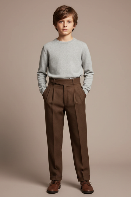 Pantalon À Pince Marron Droit Plissé Laine Enfant