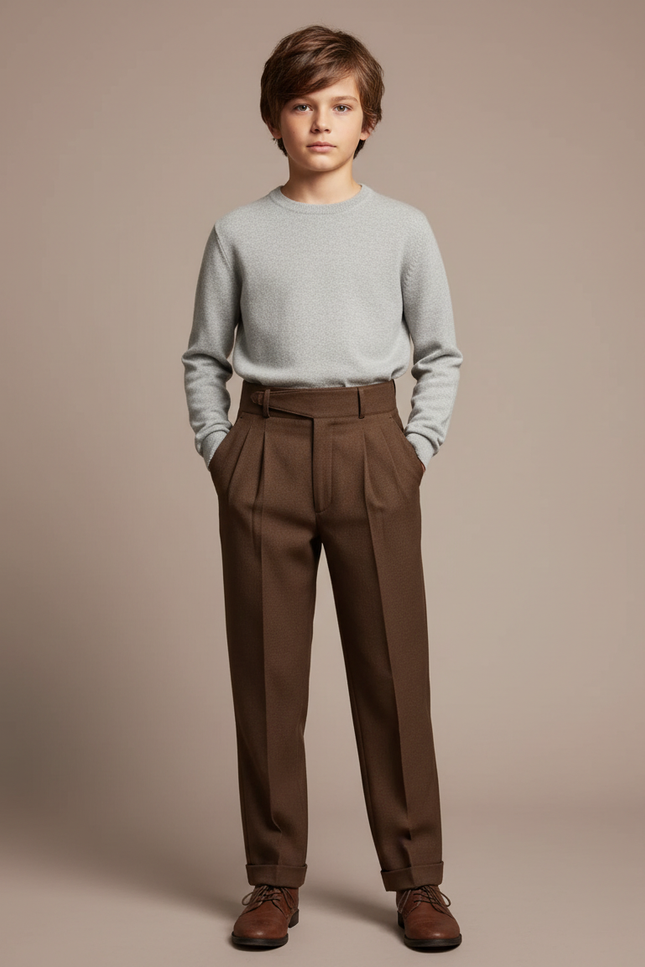 Pantalon À Pince Marron Droit Plissé Laine Enfant