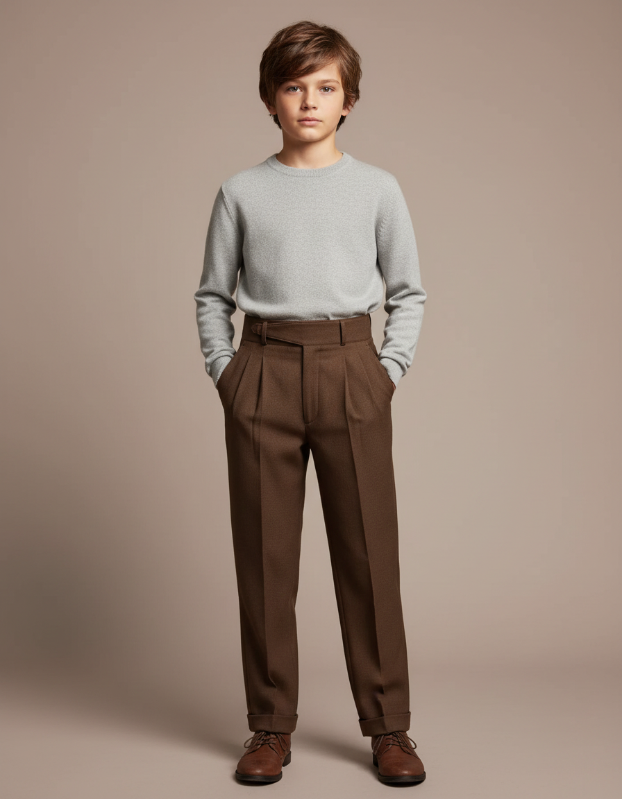 Pantalon À Pince Marron Droit Plissé Laine Enfant