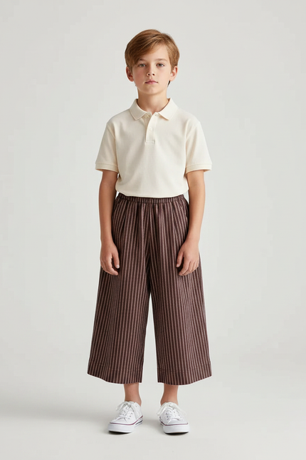 Pantalon À Pince Marron Rayé Ample Coton Enfant
