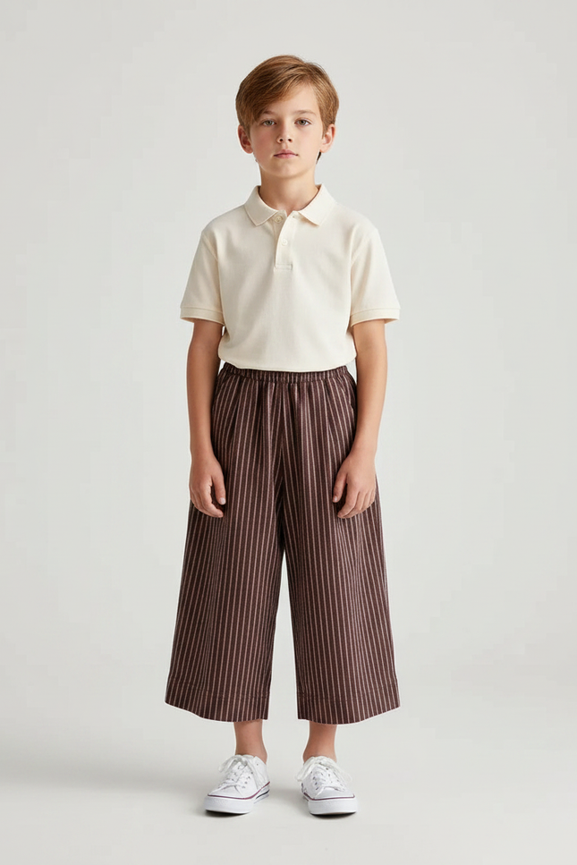 Pantalon À Pince Marron Rayé Ample Coton Enfant