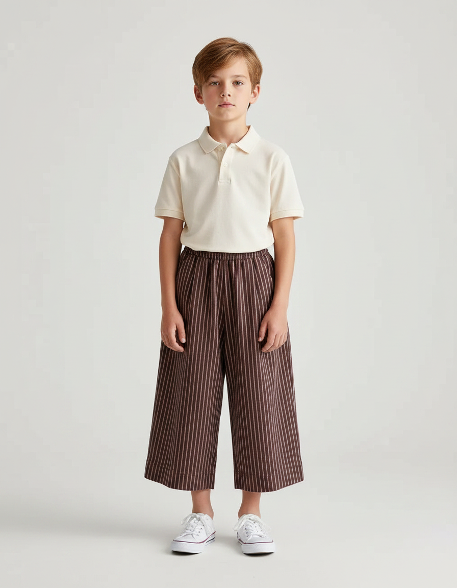 Pantalon À Pince Marron Rayé Ample Coton Enfant