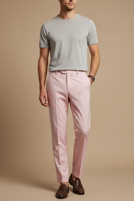 Pantalon À Pince Rose Droit Élégant Homme - Gabardine