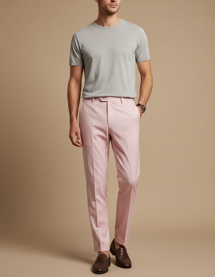 Pantalon À Pince Rose Droit Élégant Homme - Gabardine