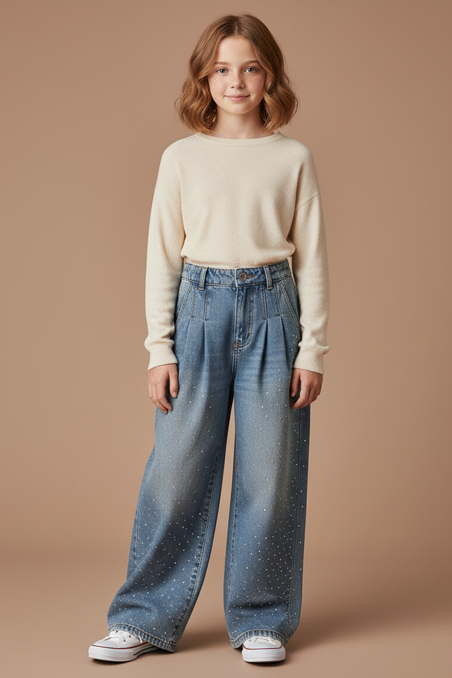 Pantalon À Pince Denim Large Strass Fille Hiver - Bleu Jean