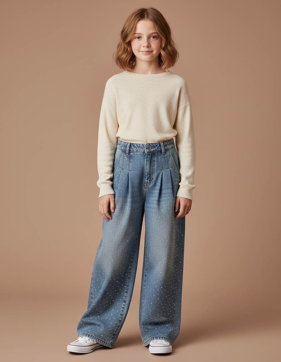 Pantalon À Pince Denim Large Strass Fille Hiver - Bleu Jean
