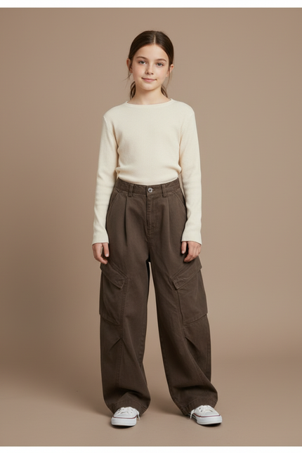 Pantalon À Pince Cargo Marron Ample Confortable Fille - Toile
