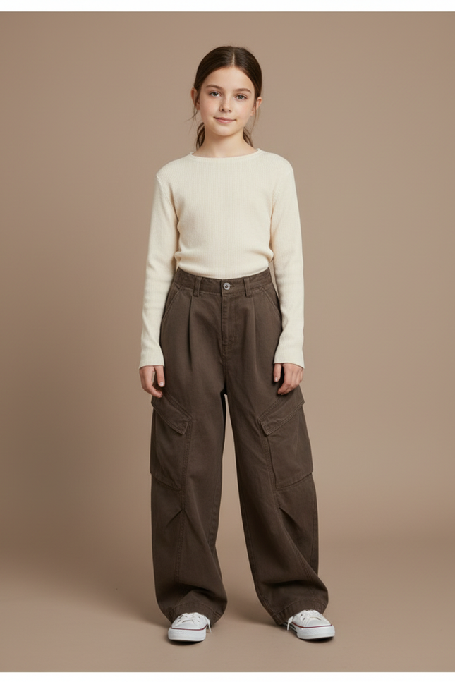 Pantalon À Pince Cargo Marron Ample Confortable Fille - Toile