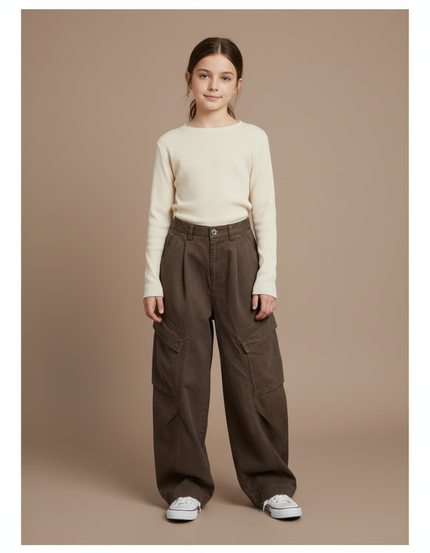Pantalon À Pince Cargo Marron Ample Confortable Fille - Toile