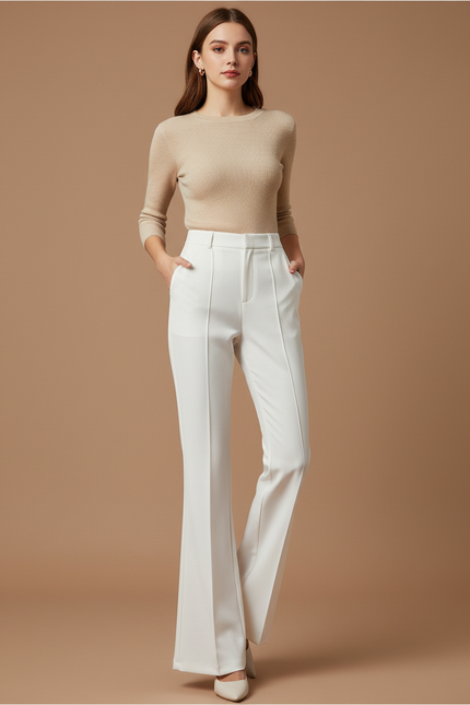Pantalon À Pince Blanc Taille Haute Évasé Élégant Femme - Polyester