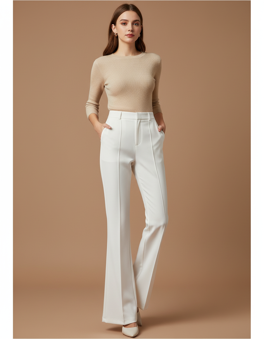Pantalon À Pince Blanc Taille Haute Évasé Élégant Femme - Polyester