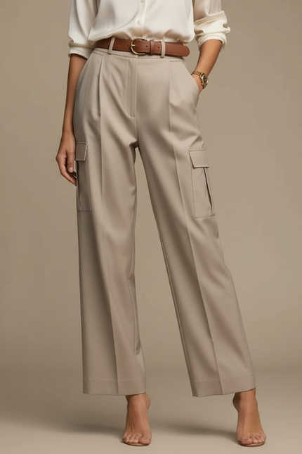 Pantalon À Pince Kaki Cargo Plissé Ample Ceinturé - Gabardine