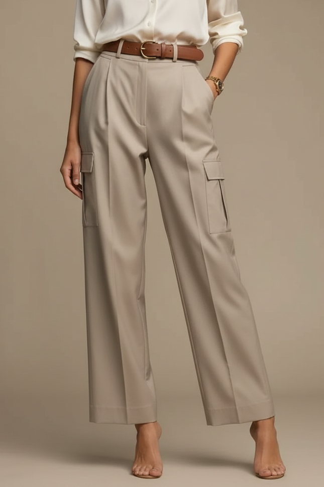 Pantalon À Pince Kaki Cargo Plissé Ample Ceinturé - Gabardine