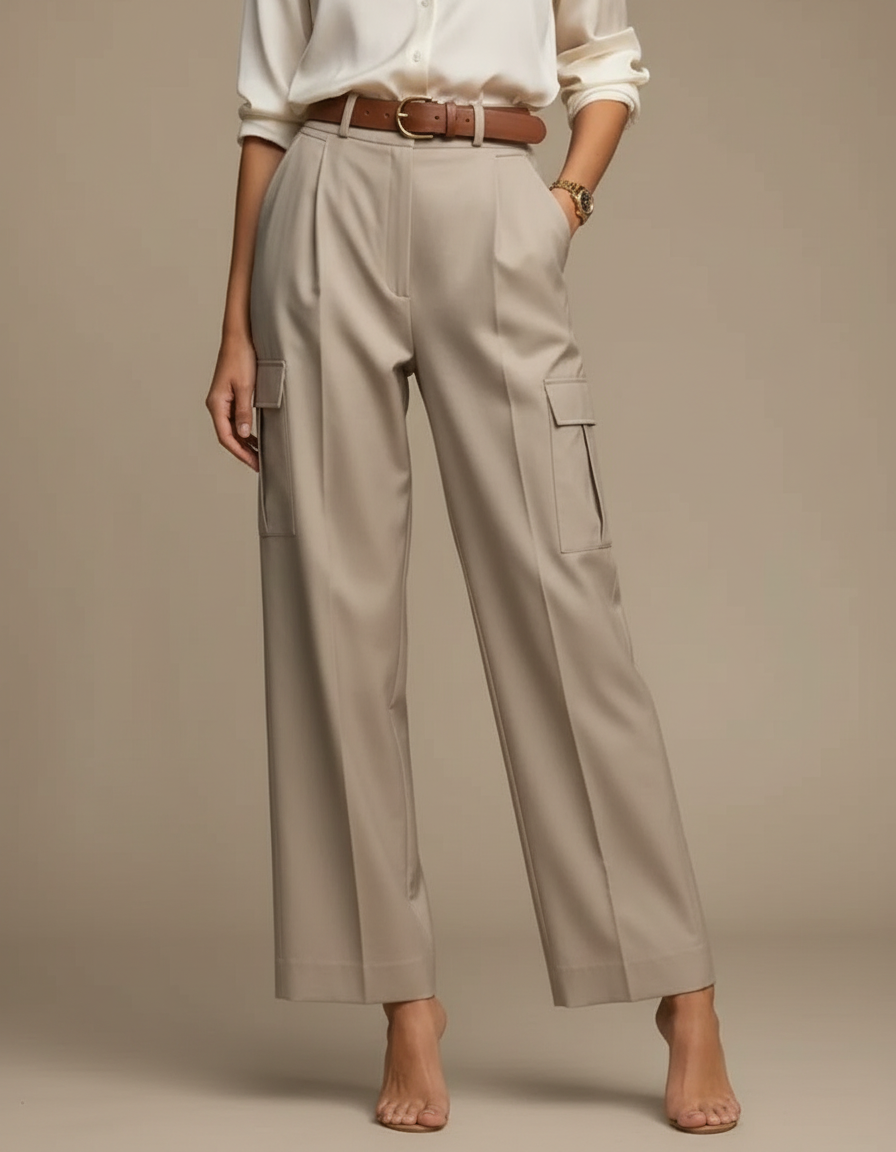 Pantalon À Pince Kaki Cargo Plissé Ample Ceinturé - Gabardine
