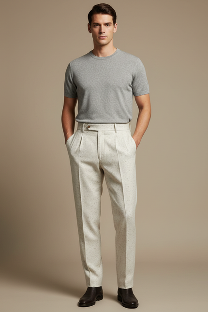 Pantalon À Pince Crème Plissé Laine Tweed Droit Homme - Beige